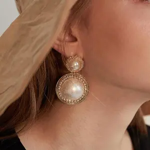 Kaimei fashion jewelry 2022 Simple faux pearl earrings female retro Hong Kong style cz stone round pearl earring gifts
