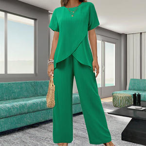 Nouvel ensemble de vêtements d'été pour femmes, décontracté, quotidien, uni, respirant, en élasthanne/polyester, manches courtes, 2 pièces, pantalon large, taille plus - Product Image 3