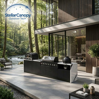 Meubles de cuisine extérieurs modulaires modernes en acier inoxydable 304 avec finition laquée, barbecue, évier résistant aux intempéries, rangement et espace repas