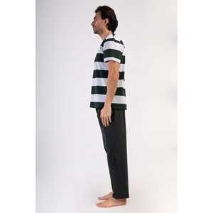 Men's Casual Crew Neck Short-Sleeve <b>Pajama</b> Set with Pockets Knitted Fabric Soft <b>Thermal</b> Sleepwear with Custom Logo Striped Print - Product Image 3