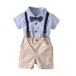 Летняя полосатая рубашка и шорты для мальчиков от 0 до 24 месяцев, детская дышащая мягкая хлопковая одежда из трех предметов с бантом
