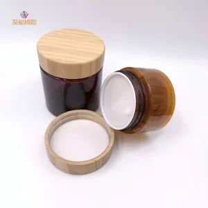 50G 150G 250G 500G 8 Oz Chà Cơ Thể Bơ Chà Jar Container Pet Mỹ Phẩm Nâu Hổ Phách Lọ Với Tre Gỗ Nắp