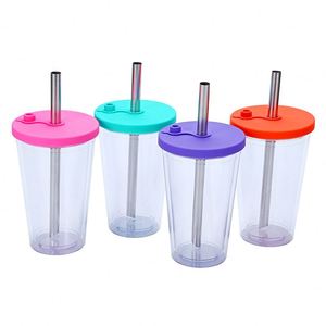16oz <b>Double</b> <b>Wall</b> Plastic Tumbler Portable Reusable Drinking Cup With Universal Boba Lid and Stainless Steel Straw for Milk Tea - Product Image 2
