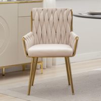Chaises de salle à manger modernes en velours, chaises de bureau rembourrées tissées à la main avec pieds et accoudoir en métal doré