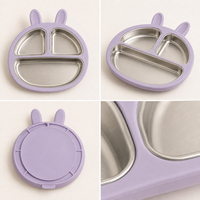 Ensemble de vaisselle pour bébé sur le thème du lapin, bol, assiette et tasse, intérieur en acier inoxydable, extérieur en silicone, ventouse, vaisselle pour tout-petits, ensemble de sevrage