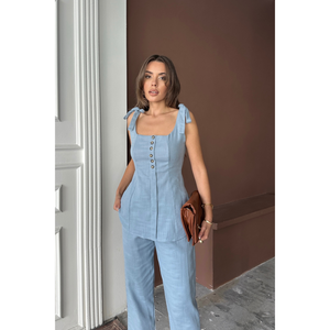 Conjunto de Blusa con Tirantes y Pantalones de Lino Shantuk Azul para Mujer, Talla S - Product Image 5