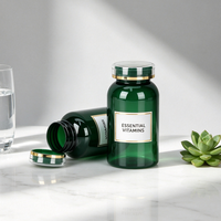 Bouteille en plastique PET de qualité alimentaire vert foncé de 100, 150, 200, 300 ml pour capsules de vitamines et compléments alimentaires avec bouchon à bord doré, personnalisation possible
