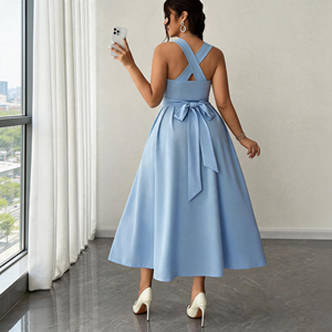 <span class=keywords><strong>Robe</strong></span> midi plissée élégante bleu clair, coupe trapèze, dos croisé, taille nouée, <span class=keywords><strong>pour</strong></span> femme, idéale <span class=keywords><strong>pour</strong></span> invitées de <span class=keywords><strong>mariage</strong></span> et soirées, vente en gros sur mesure - Product Image 2