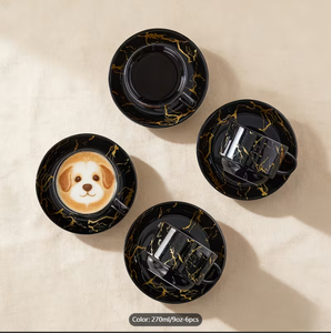 Bulk Black Gold Marble Stackable Coffee <b>Cup</b> Saucer Set Metal Rack 270ml 6pcs Ceramic Mugs Custom Logo Cafe Hotel Supermarket - Product Image 4
