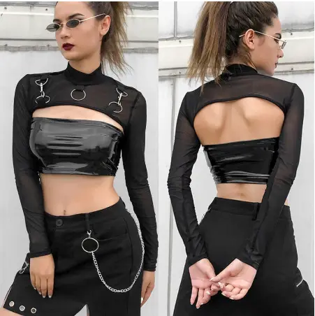 2022 Black Gothic Streetwear Mesh See Through Sexy Club Wear Summer Female Shirts Long Sleeve Hollow Out Metal Crop Top T Shirt