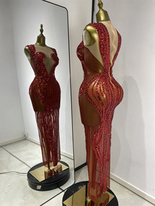 Abito Lungo Sexy Europeo-Americano per l'Estate, Rosso Brillante con Paillettes e Cristalli, <span class=keywords><strong>in</strong></span> <span class=keywords><strong>Tulle</strong></span> <span class=keywords><strong>Trasparente</strong></span> per Cantanti, Spettacoli e Feste - Product Image 5
