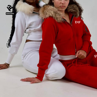 Ensemble veste courte à capuche avec fourrure et pantalon de survêtement en molleton pour femme, avec poche sur le bras, deux pièces, coupe ajustée, survêtement chaud d'hiver