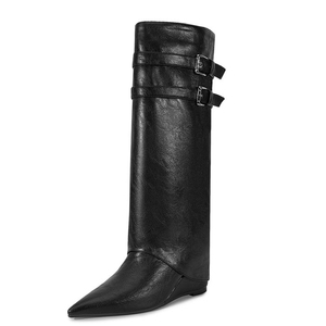 Big Size 45 Metal Buckles High Wedge Heels Pointed Toe Shoes Wide Fit Pants Long <b>Boots</b> Women's Overlay Knee High Booties - Product Image 2