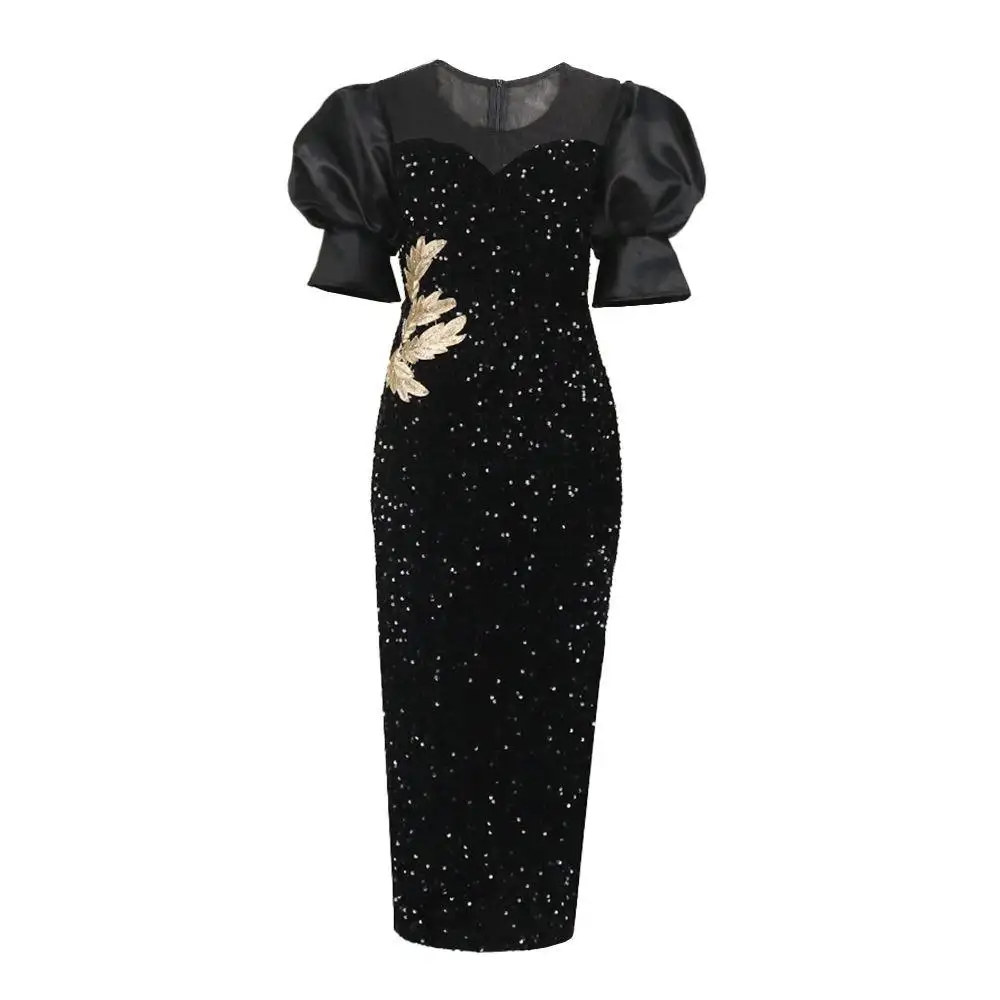 2023 Long Black Classy Embroidered Sequined Puff Sleeve Women Evening Dress