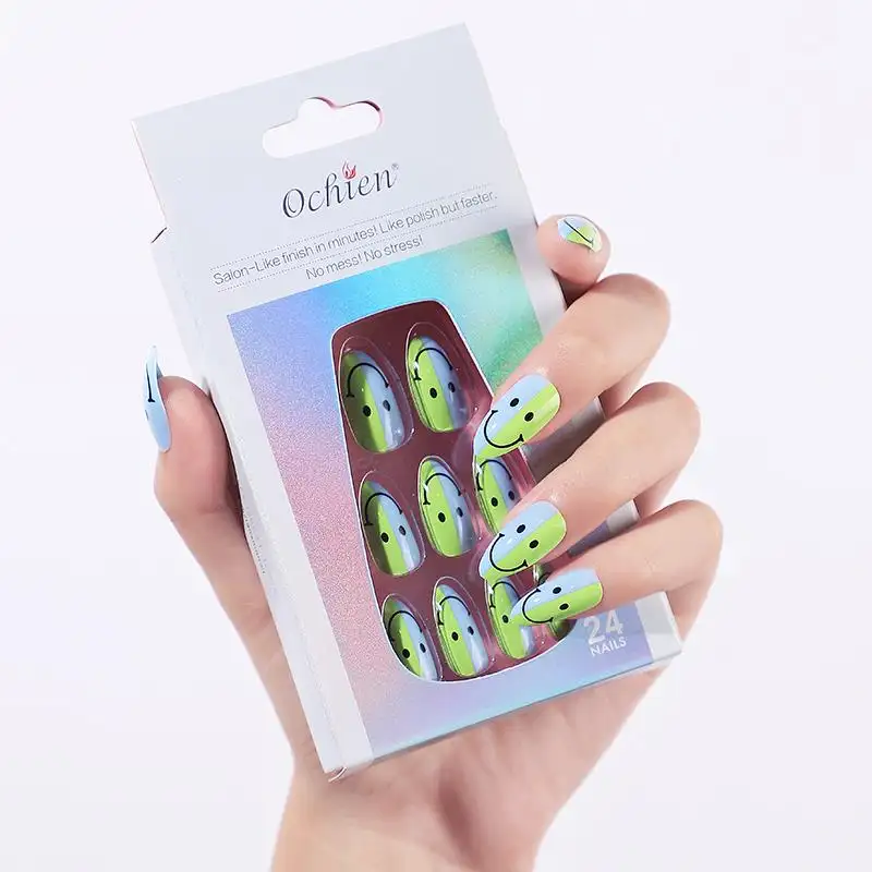 24pcs press on nails medium green smile face design unghie finte colla per mandorle su set con linguette adesive lima per unghie per le donne