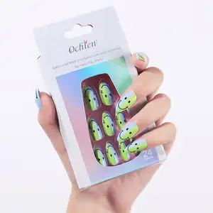 Lixa de unhas falsas modelo de sorriso, 24 peças, prensa em unhas verdes, unhas falsas, conjunto de cola com abas adesivas, lixa para mulheres