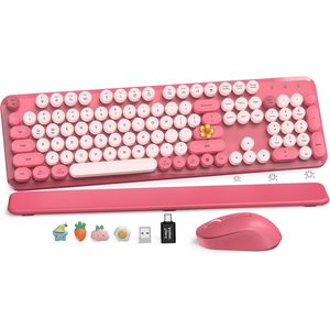 Combo de Teclado y Ratón Inalámbrico SABLUTE, Tamaño Completo, Teclas Retro Rosa Intenso, Reposamuñecas Magnético, Teclas Multimedia, para Laptop, 2 Pilas AAA - Product Image 1