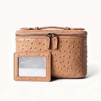 Trousse de toilette en cuir d'autruche LZ avec miroir, sac à maquillage de luxe unique, organiseur de cosmétiques, rangement de voyage rose