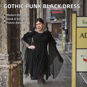 Sling sans bretelles épaule maille manches évasées plissé ourlet irrégulier <span class=keywords><strong>Halloween</strong></span> film TV Costumes femmes gothique <span class=keywords><strong>Punk</strong></span> robe noire - Product Image 3
