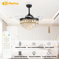 Ventilateur de plafond en cristal haut de gamme à intensité variable, pales transparentes invisibles, moteur DC silencieux, télécommande LED pour petite chambre au Moyen-Orient