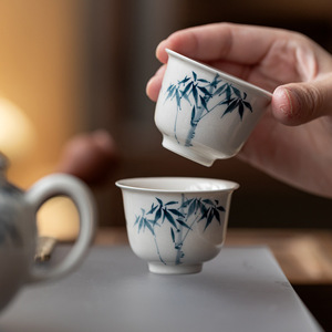 Taza de té de cerámica de bambú azul pintada a mano, taza redonda de porcelana para degustación de té, para uso doméstico, té de la tarde, nuevo estilo chino - Product Image 1