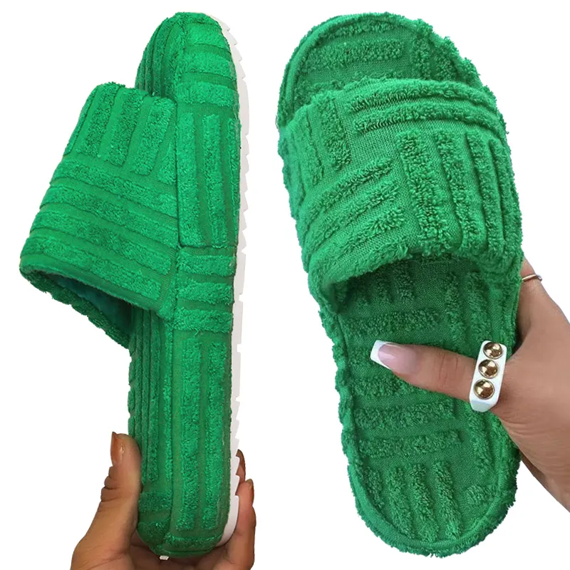 Zapatillas de suela gruesa con relieve para mujer, pantuflas de algodón con toalla de rizo, color verde, para interior y dormitorio, otoño e invierno, 2022