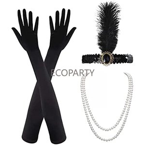 Ensemble d'accessoires pour dames, 3 pièces, grand Gatsby Falpper, robe fantaisie <span class=keywords><strong>Charleston</strong></span>, bandeau, longs gants noirs, collier, 1920 - Product Image 1