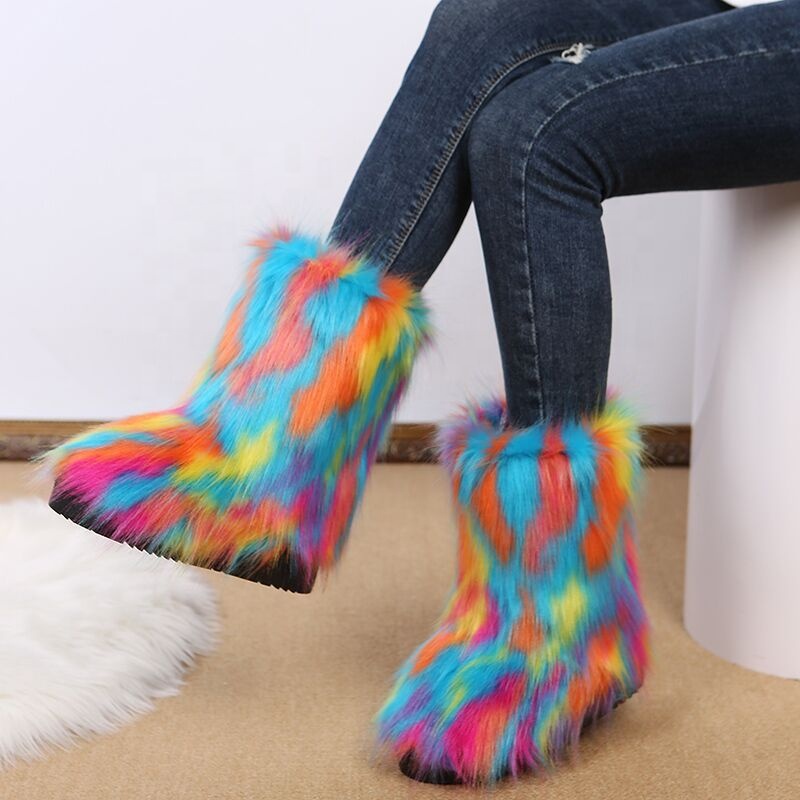 New Arrival Hot Sale Colorful Cheap Women Plush Thigh High Fluffy Snow Winter Boots Set Faux Fox Fur Warm Boots