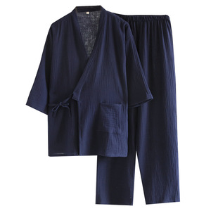 Nouvel ensemble de pyjama japonais pour <span class=keywords><strong>homme</strong></span>, couleur unie, deux pièces, <span class=keywords><strong>Yukata</strong></span> pour couple, ample, manches longues, pour la sudation, tenue d'intérieur - Product Image 2