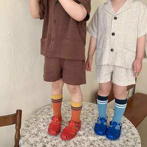 Ensemble d'été pour garçons en lin à manches courtes, couleur unie marron <span class=keywords><strong>beige</strong></span>, chemise et <span class=keywords><strong>short</strong></span> en lin, vente en gros Linda - Product Image 2