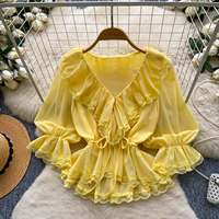 Chemisier Chic Élégant à Col en V avec Dentelle et Volants pour Femme, Manches Longues, Taille Nouée, Idéal Été