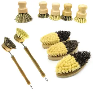 Natural Kitchen Accessories Short Round Long Wood Handle Bottle Dish Brush Vegan Sisal Coconut Fiber Bamboo Pot Brush