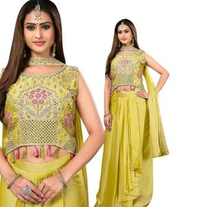 Lehenga choli amarillo bordado para mujer, conjunto de top corto, falda y dupatta de diseñador, ropa de fiesta, traje festivo para bodas indias. - Product Image 1