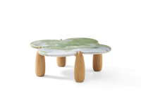Table basse de salon au design unique avec plateau en marbre vert et pieds en bois de frêne, combinaison de luxe pour hôtel