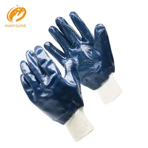 Kunden spezifische voll beschichtete Nitril handschuhe mit elastischer Sicherheits manschette Schwere Jersey-Arbeits handschuhe Chemische Beständigkeit Nitril handschuhe Blau