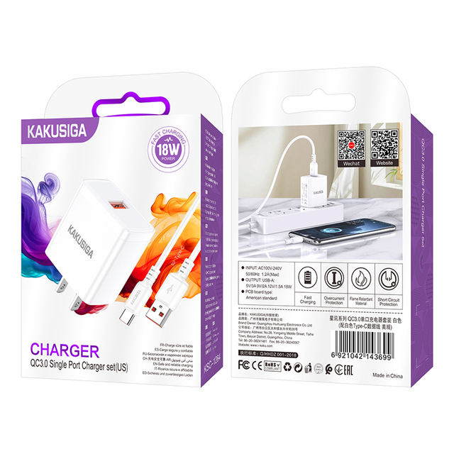 KAKUSIGA Factory Wholesale 18W QC3.0 Fast US Standard Mobile Phones Charger Type C for Phone
