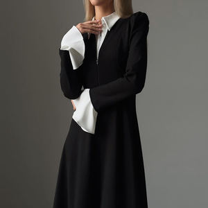 Doppia Zip Patchwork manica lunga primavera 2025 ufficio abiti lunghi donna donna donna elegante abito <span class=keywords><strong>nero</strong></span> con <span class=keywords><strong>colletto</strong></span> <span class=keywords><strong>bianco</strong></span> - Product Image 2