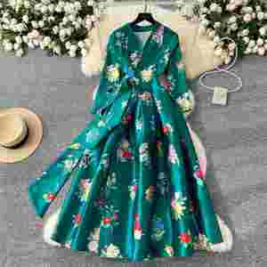 Vestido Midi Casual de Primavera con Cuello en V y Estampado de Encaje para Mujer, Tallas Grandes - Product Image 1