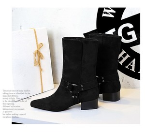 Women's Mid Calf <b>Block</b> Heel Boots Retro Western Fashion Style Pointed Toe Belt Buckle Faux Suede Slim-Fit Ankle Boots - Product Image 6