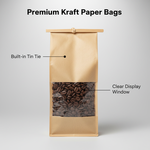 Window-front kraft paper bags with a flat bottom and a resealable closure, suitable for <b>packaging</b> coffee, bread and dried fruit - Product Image 2