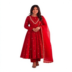 Nuevo lanzamiento: Conjunto de vestido de fiesta Anarkli reversible de encaje elegante con estampado digital de georgette sintético para mujer, largo hasta el suelo y sin arrugas. - Product Image 1