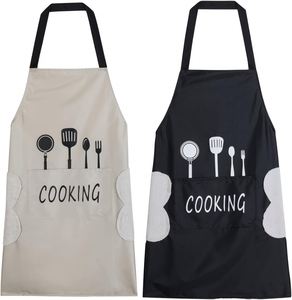 Waterproof Kitchen With Integrated Coral Velvet Side Hand Towels, 2-Pack Beige & Black 'Cooking' Printed Chef <b>Apron</b> - Product Image 1