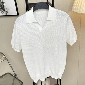 Camiseta de Punto para Hombre <span class=keywords><strong>con</strong></span> Logotipo Personalizado OEM, Texturizada, de Algodón, <span class=keywords><strong>con</strong></span> Punto Jacquard de Piña, Corte Ajustado, Patrón Sólido, Suéter Tipo <span class=keywords><strong>Polo</strong></span> - Product Image 5