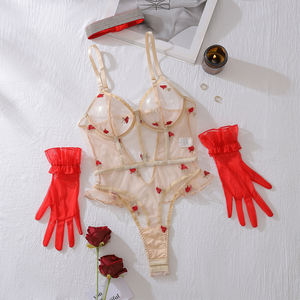 Body une pièce micro-<span class=keywords><strong>lingerie</strong></span> à coupe haute, motif petites fleurs, effet gainant, avec gants et collier, sans armatures, ensemble 3 pièces - Product Image 6