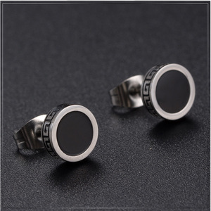 Boucles d'oreilles à clous en acier inoxydable avec incrustation noire à motif géométrique, bijoux de mode - Product Image 2