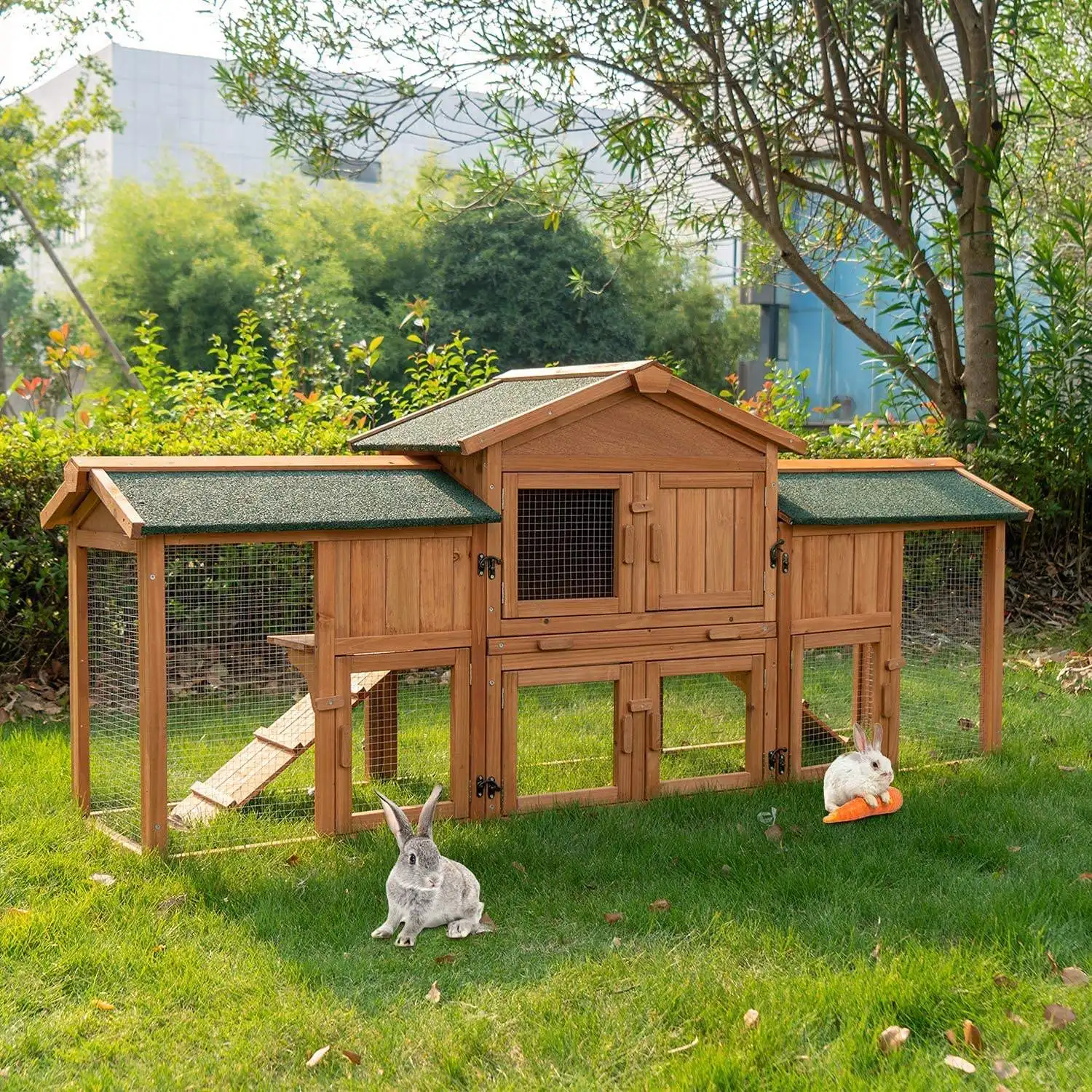 Chilochilo Wooden Rabbit House Rabbit Hutch Indoor & Outdoor Wooden Bunny Cage Large Guinea Pig House Rabbits Cage With Run Ramp