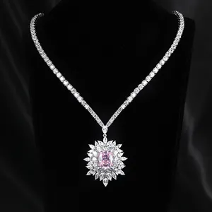 Shinny 925 Sterling Silver Pink Zircon Necklace Women Party Jewelry Pendant Necklace