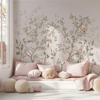 Papier peint mural botanique doux, scène de forêt bleue pastel avec oiseaux, fleurs et grue, pour chambre d'enfant, amovible