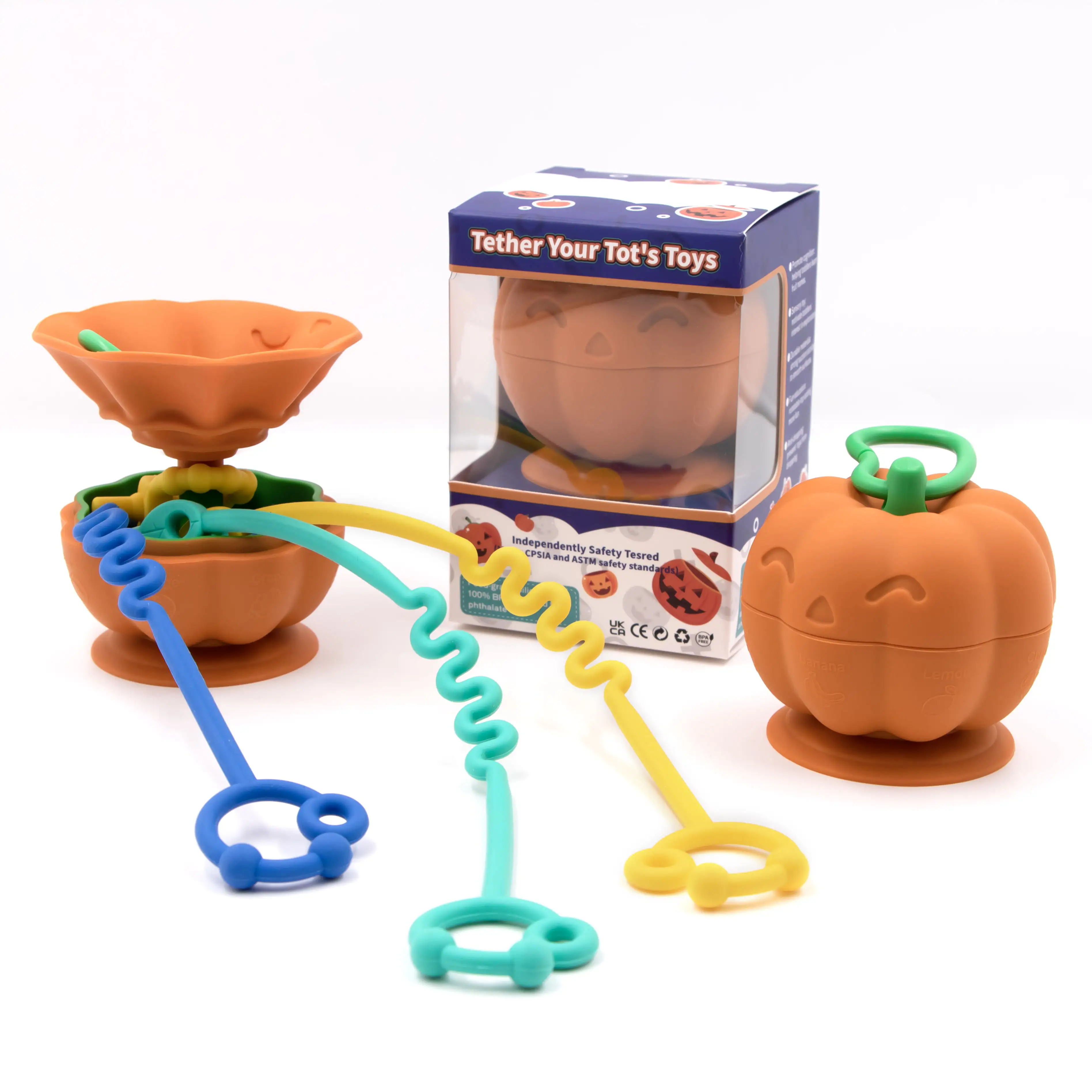Wholesale Halloween Toys For Kids With Baby Toy Straps Cartoon Pumpkin Silicone Suction Cup Toy Holder For Kids