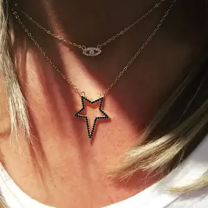 18k yellow gold plated two tone black cubic zirconia 925 sterling silver star necklace